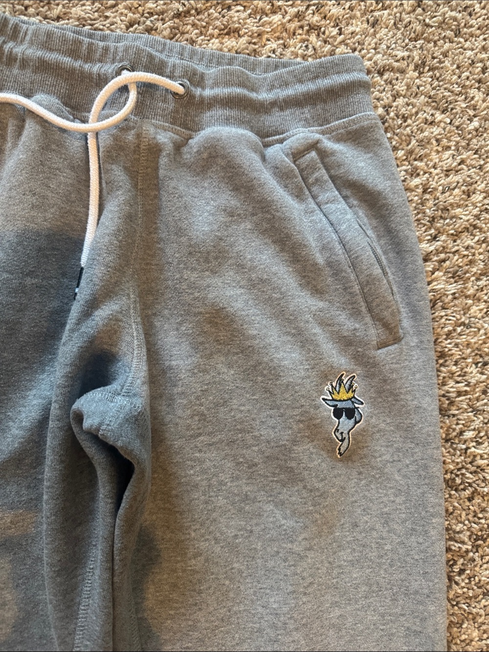 Mens Gray Fleece Drawstring Sweatpants GOAT brand with Embroidered Patch